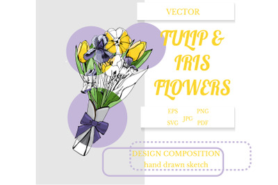 Hand drawn sketch of tulip and iris flowers. Vector.
