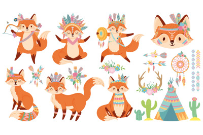 Tribal fox. Cute foxes&2C; indian feather warbonnet and wild animal carto