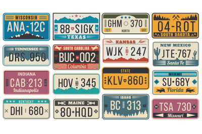 Abstract USA states license plates. Colorful retro car license, number