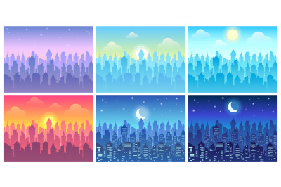 Day time cityscape. Change of time of day, morning town and night city