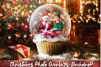 Christmas digital backdrop, Snow globe photo overlay