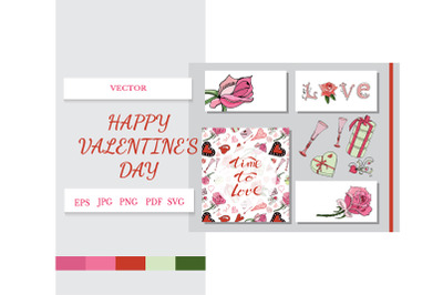 Card with hand drawn color elements of symbols of love.