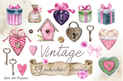 Vintage Valentines day, old home decor. Watercolor clipart.