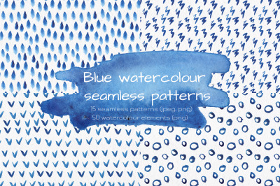 Blue watercolour seamless patterns set.