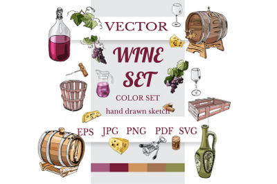 Wine product color clipart . Hand drawn sketch of wine items.