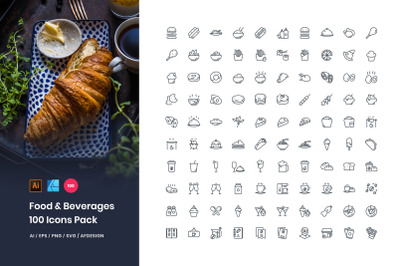 Food &amp; Beverages 100 Set Icons Pack