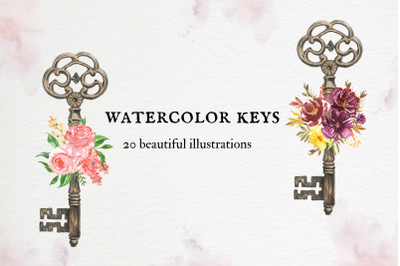Watercolor Keys, Boho Keys Illustrations, Old key clipart, Antique Key