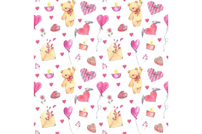 Love seamless pattern with teddy bears, envelopes, hearts