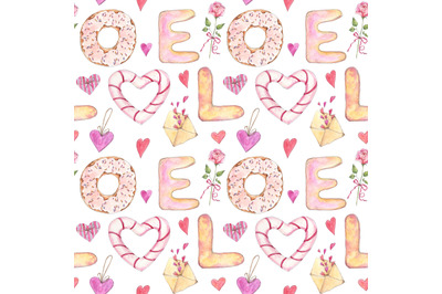 Love seamless pattern with letters, hearts, donuts, roses