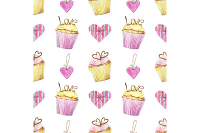 Love seamless pattern with cupcakes and hearts
