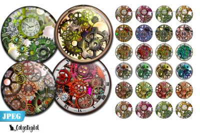 Steampunk gears printable circle images Digital collage sheet