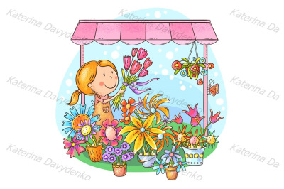 Florist girl selling bouquets at the flower stand or shop