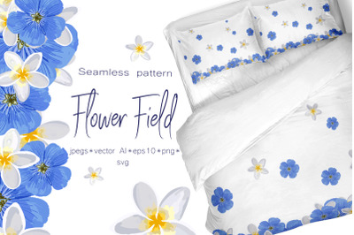 Spring set &quot;Flower field&quot; Seamless pattern and seamless borders with f