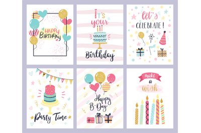 Birthday party cards. happy birthday pastel celebration postcards&2C; inv