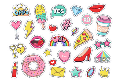 Fashion patches. Comic doodle girl badges, teenage cute cartoon sticke