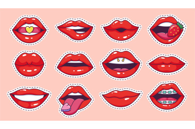 Lips pop art stickers. Cool vintage comic girl lips stickers&2C; teenage