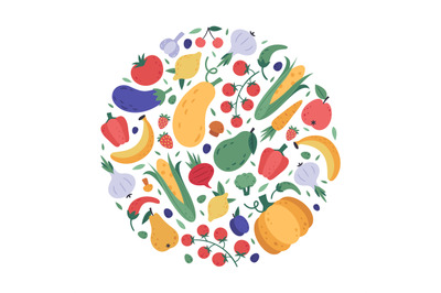 Vegetables and fruits pattern. Kitchen veggies and fruits hand drawn d