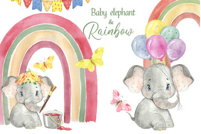 Watercolor Rainbow Clipart. Elephant clipart watercolor. Printable art