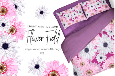 Spring set Flower field Seamless pattern and seamless borders with f