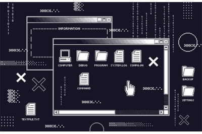 Abstract 80s interface. Retro computer black screen with old programs