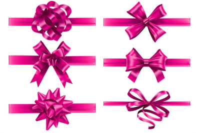 Realistic pink ribbons with bows. Festive wrapping bow, pinks silk rib