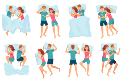 Couple sleeps in different poses. Man and woman sleeping together, cou