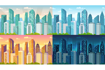 Day time cityscape. City buildings at morning, day, sunset and night t