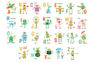 Cartoon robots alphabet. Funny robot characters, ABC letters for kids