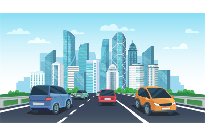 Cars on highway to town. City road perspective view&2C; urban landscape w