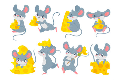 Cartoon mouse with cheese. Cute little mouses, funny mouse mascot and