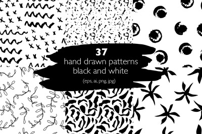 37 monochrome patterns. Hand drawn seamless backgrounds.