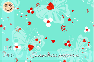 Butterfly, red heart on turquoise seamless pattern