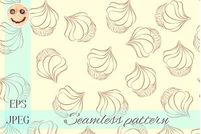 Brown cupcake sketch on the beige seamless pattern