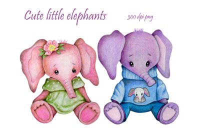 Cute Little Elephants. Watercolor.