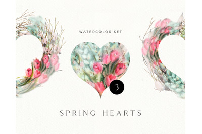 Watercolor Tulips Willow  Valentines Hearts. Floral Heart clipart. Ind