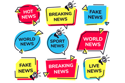 News label. Breaking, live sport and fake news badges vector set