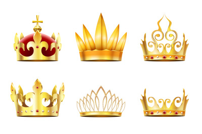 Realistic crown and tiara. Golden royal crowns, queens gold diadem and