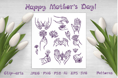 Mother&#039;s day hand drawn elements, seamless patterns and greeting cards