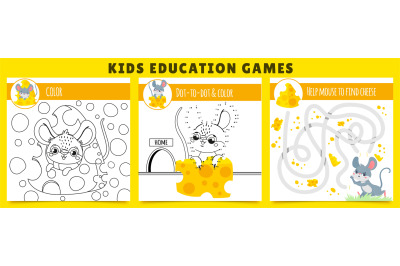 Mouse kids games. Coloring game, mouse find cheese maze and dot by dot