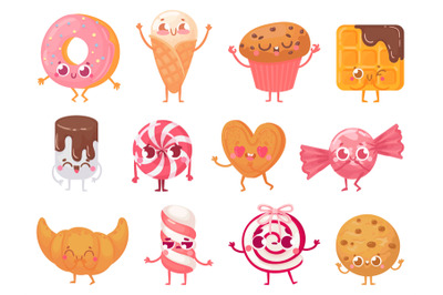 Cute sweets. Happy cupcake mascot, funny sweet candy character and smi