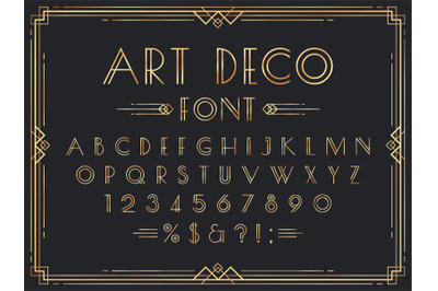 Golden art deco font. Luxury decorative 1920s geometric letters&2C; ornam