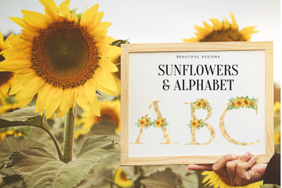 Sunflowers Floral printable alphabet&2C; Gold foil alphabet