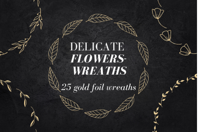 25 Gold wreaths clipart, Delicate Gold hand drawn overlay