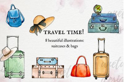 Watercolor Travel Clip Art, Watercolor summer Suitcases and Bags