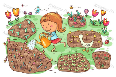 Child watering flowers and vegetables in the garden