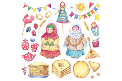 Maslenitsa, Shrove, pancake week big set with watercolor elements