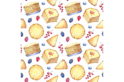Maslenitsa, Shrove, pancake week, food watercolor seamless pattern