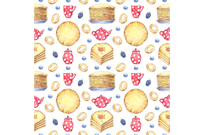 Maslenitsa, Shrove, pancake week, food watercolor seamless pattern