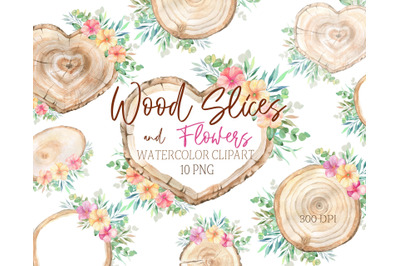 Watercolor Wood Slice Clipart Rustic Floral spring Sign Slices Clip Ar