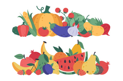 Fruits and vegetables. Doodle food, stack of vegetables and fruits, he